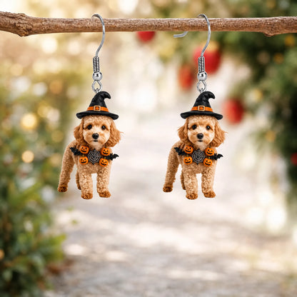 Goldendoodle Witch Hat Pumpkin Bat Garland Halloween Earrings