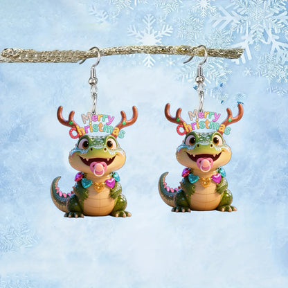 Christmas Green Crocodile Earrings with Pink Hearts & Golden Bubbles