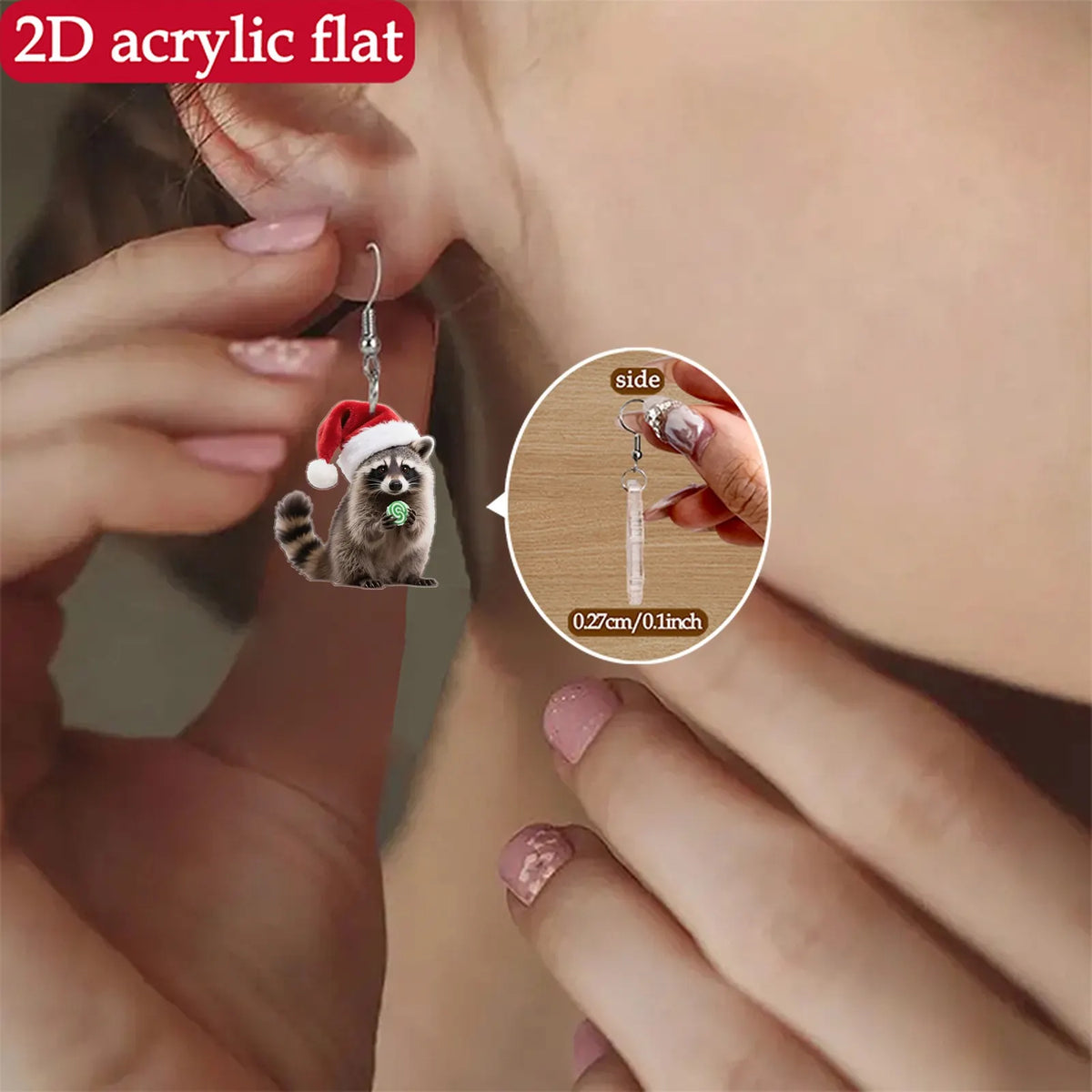 Christmas Raccoon Earrings - Red Hat & Green Candy Design