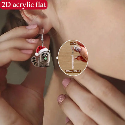 Christmas Raccoon Earrings - Red Hat & Green Candy Design