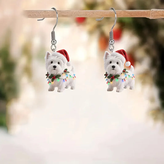 Christmas Acrylic Material White Dog Pattern Earrings with Christmas Outfit