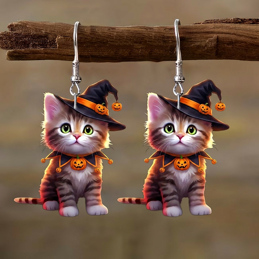 Cute Witch Tabby Cat Pumpkin Halloween Drop Earrings