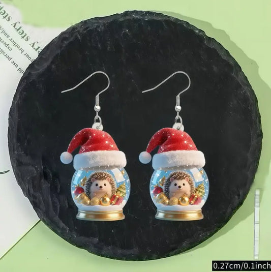 Christmas Hedgehog Crystal Ball Christmas Hat Earrings