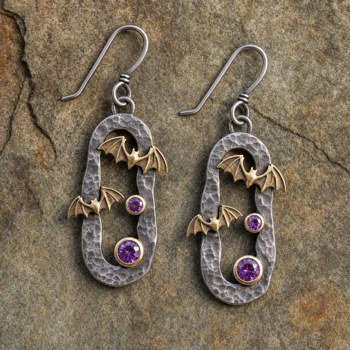 Vintage Hammered Oval Bat Amethyst Dangle Earrings