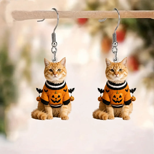 Orange Tabby Cat Pumpkin Bat Sweater Halloween Acrylic Earrings