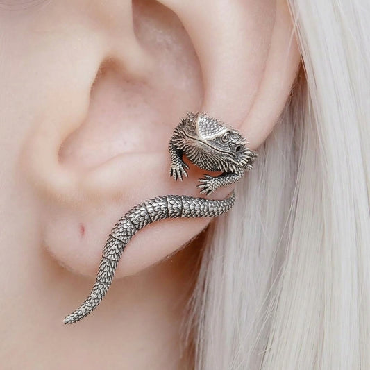 S925 Vintage 3D Bearded Dragon Ear Cuff – Non-Pierced Reptile Wrap Earring