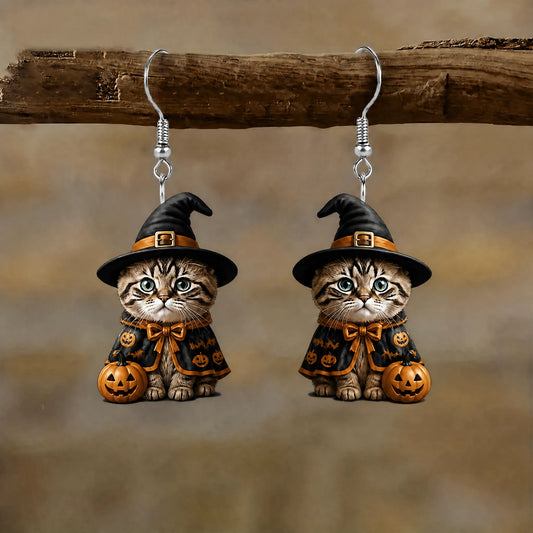 Tabby Kitten Witch Cloak Jack O Lantern Halloween Earrings