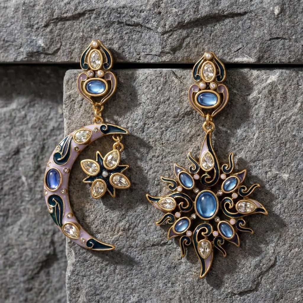 Vintage Asymmetric Sun Moon Celestial Dangle Earrings