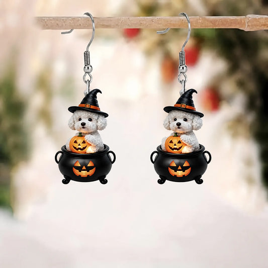Fluffy White Poodle Puppy Witch Hat Cauldron Pumpkin Halloween Earrings