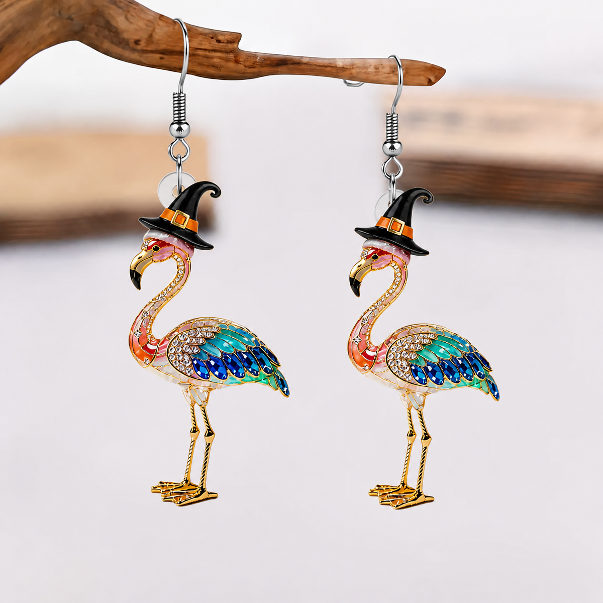 Enamel Rhinestone Flamingo Witch Hat Colorful Crystal Halloween Earrings