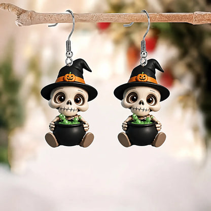 Skeleton Witch Hat Holding Magic Cauldron Halloween Earrings