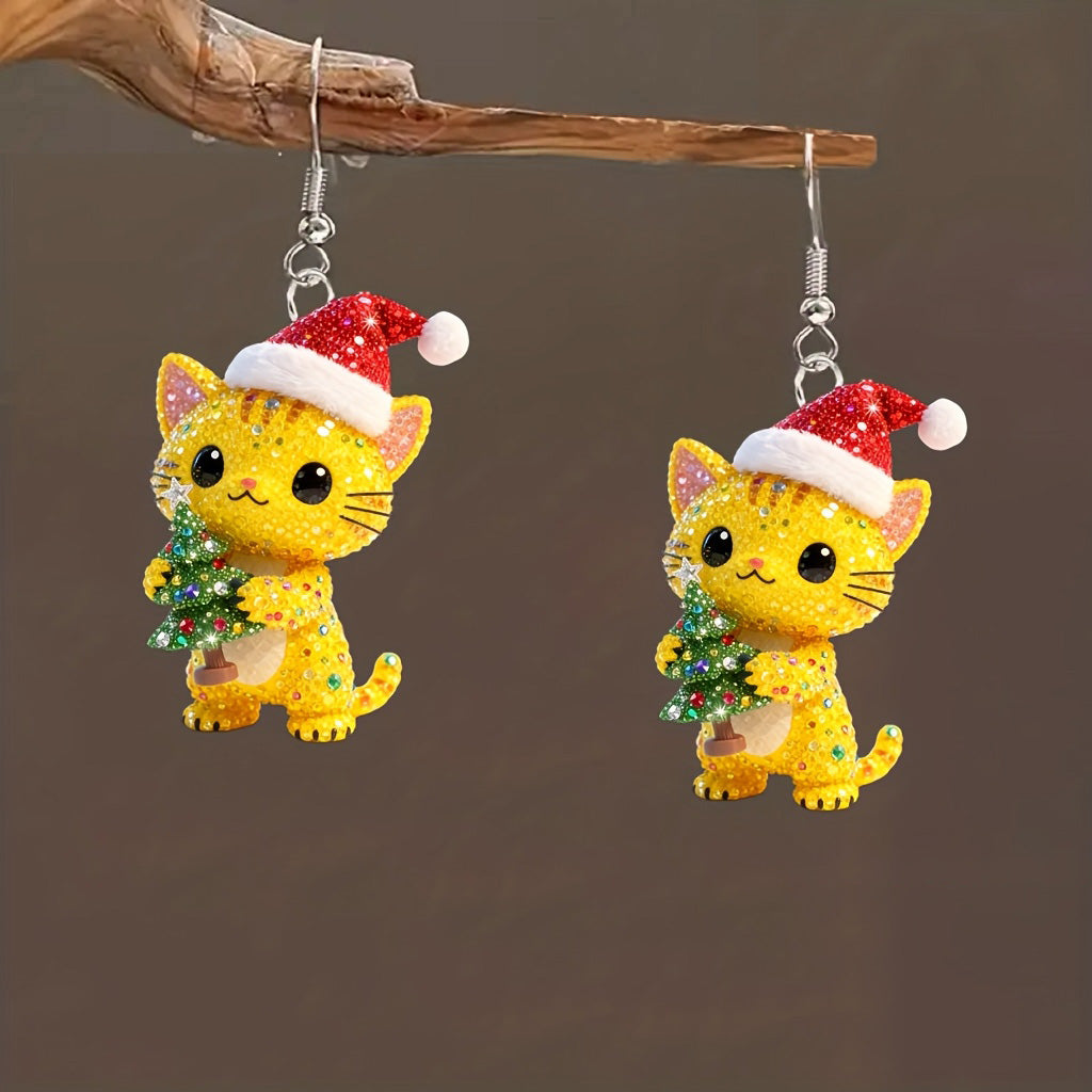 Christmas Cute Yellow Cat Holding Christmas Tree Design Earrings