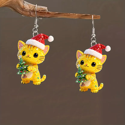 Christmas Cute Yellow Cat Holding Christmas Tree Design Earrings