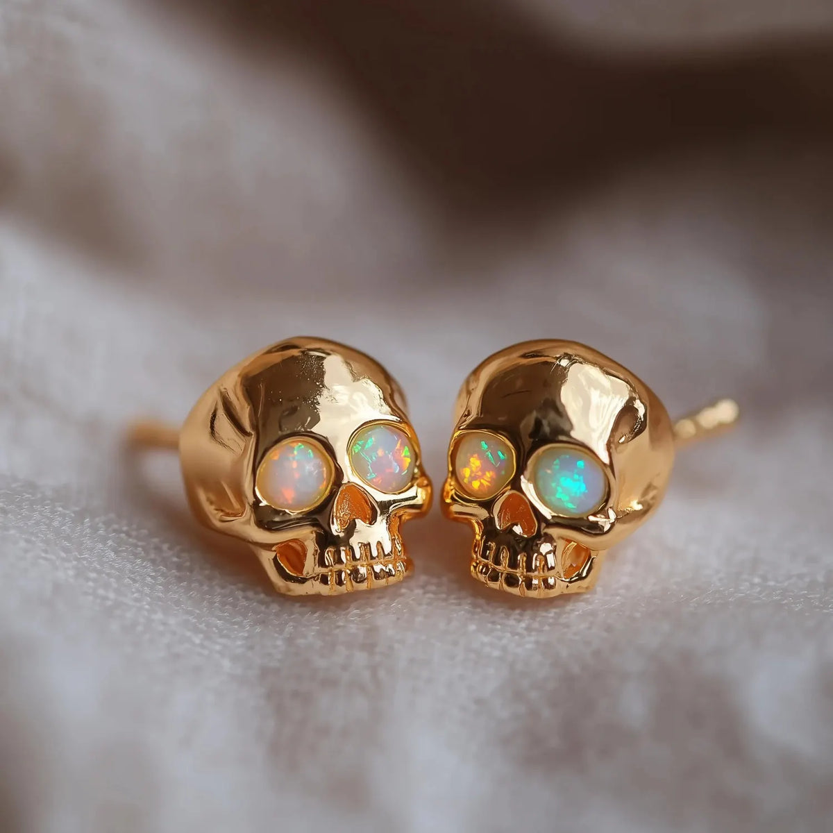 Vintage Gold Opal Eye Skull Stud Earrings