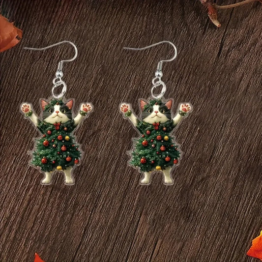 Christmas Black and White Cat Tree Earrings
