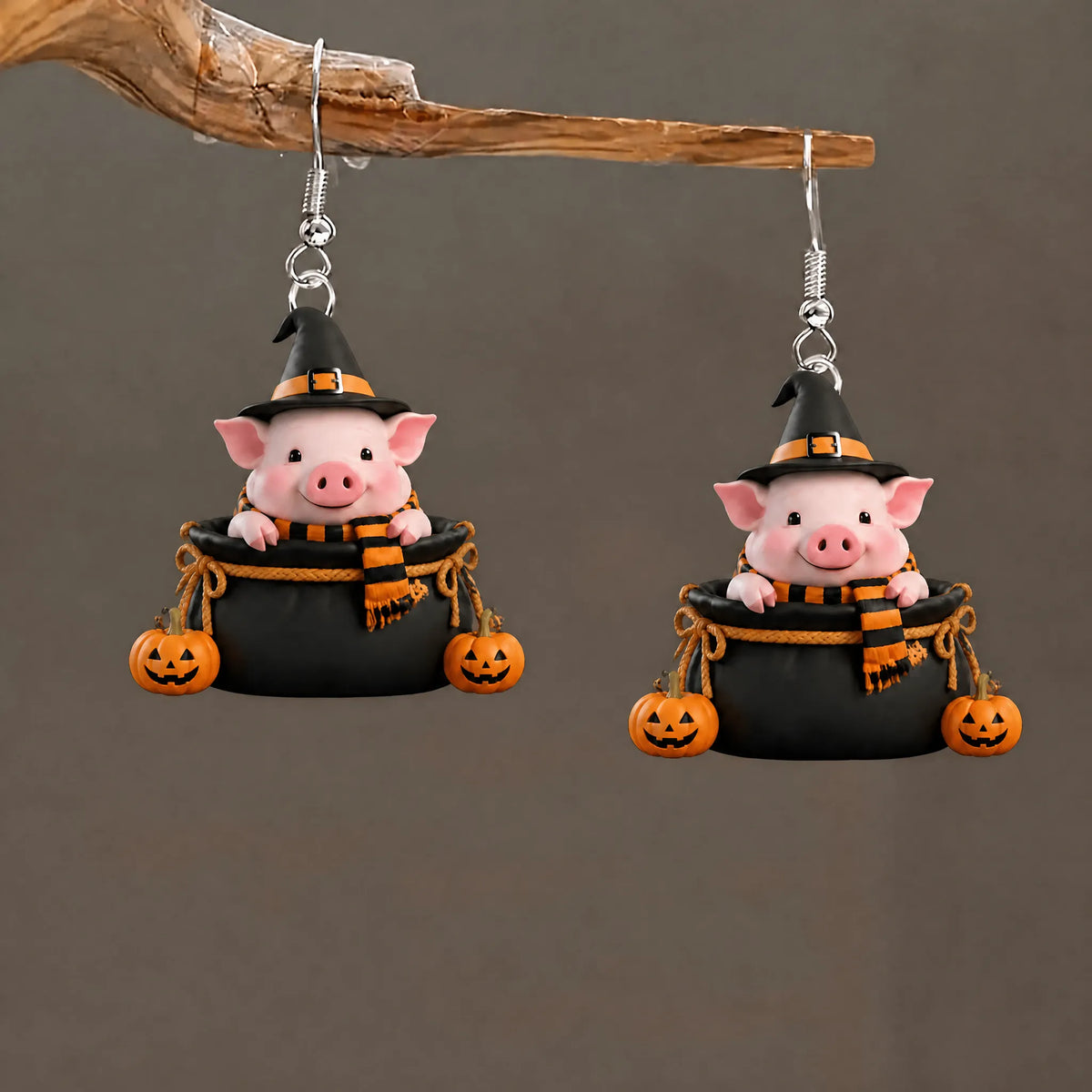 Piglet Witch Hat Striped Scarf Halloween Earrings