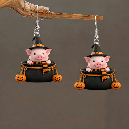 Piglet Witch Hat Striped Scarf Halloween Earrings