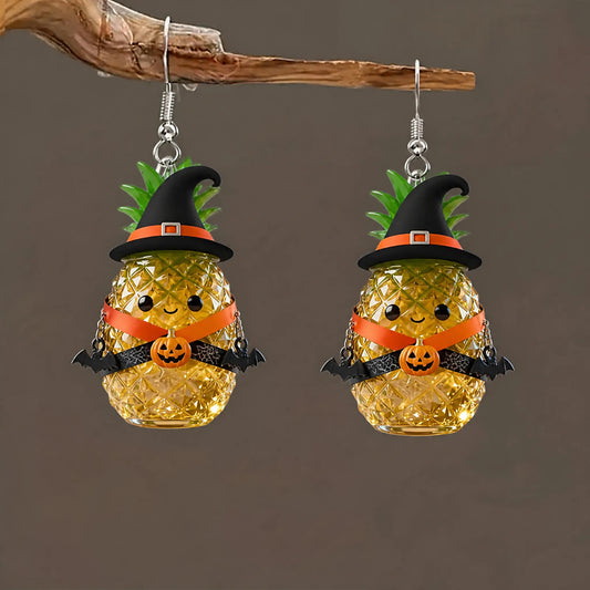 Pineapple Witch Hat Bat Pumpkin Ribbon Halloween Earrings