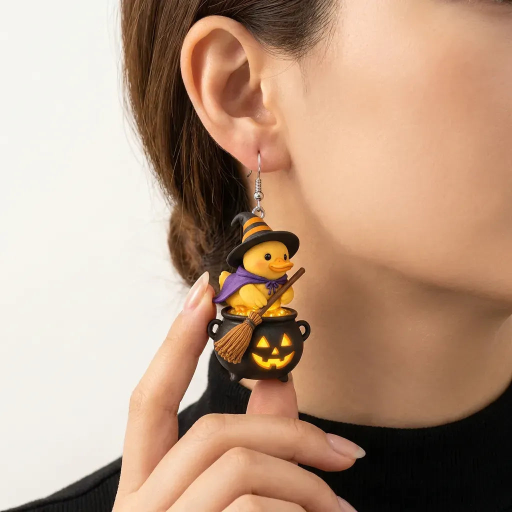 Witch Duck in Cauldron Earrings