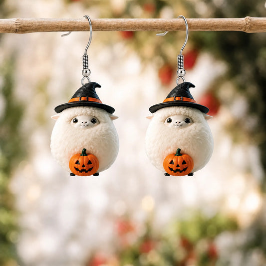 Fluffy White Sheep Witch Hat Pumpkin Halloween Earrings