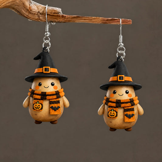 Kawaii Potato Character Witch Hat Bat Pumpkin Striped Scarf Halloween Earrings