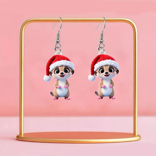 Christmas Cute Meerkat Earrings with Santa Hat