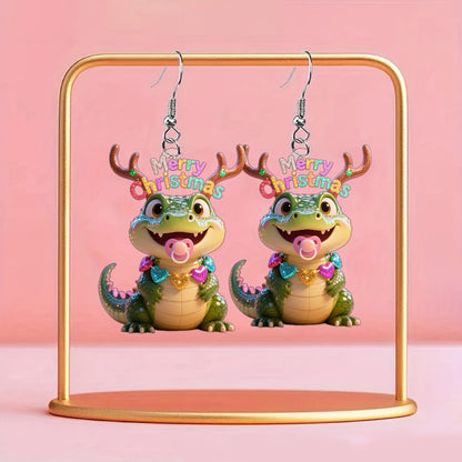 Christmas Green Crocodile Earrings with Pink Hearts & Golden Bubbles