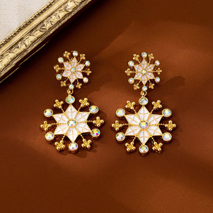 Vintage Inlaid Zircon Snowflake Flower Earrings