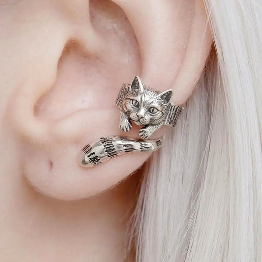 S925 Vintage 3D Cat Ear Cuff – Non-Pierced Hugging Kitten Wrap Earring