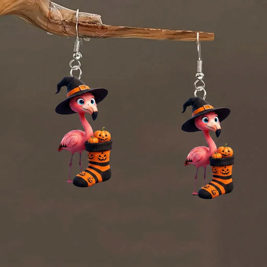 Pink Flamingo Witch Hat Pumpkin Striped Sock Halloween Acrylic Earrings