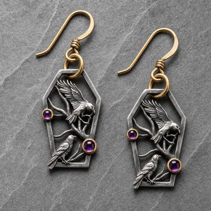Vintage Coffin Double Raven Amethyst Drop Earrings