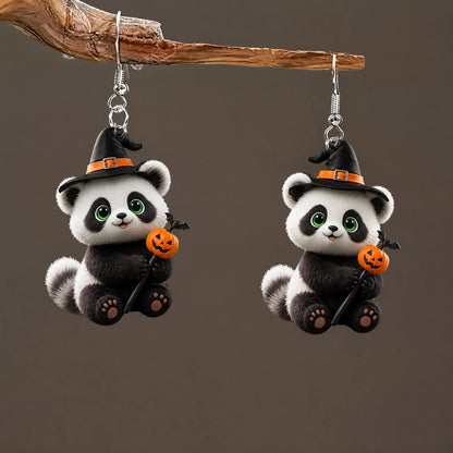 Fluffy Panda Witch Hat Holding Pumpkin Bat Magic Wand Halloween Earrings