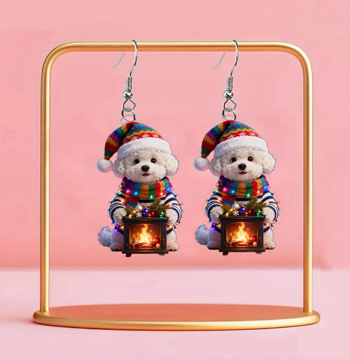 Christmas Teddy Dog Fireplace Earrings