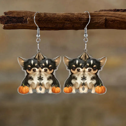 Twin Chihuahua Puppies Pumpkin Halloween Acrylic Drop Earrings