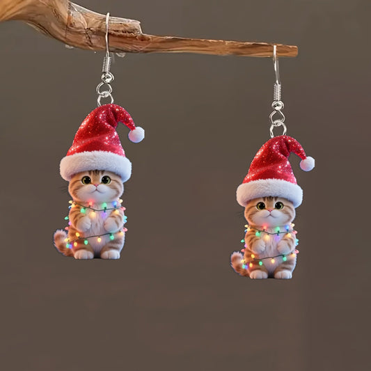 Christmas Light Bulb Cat Christmas Hat Earrings