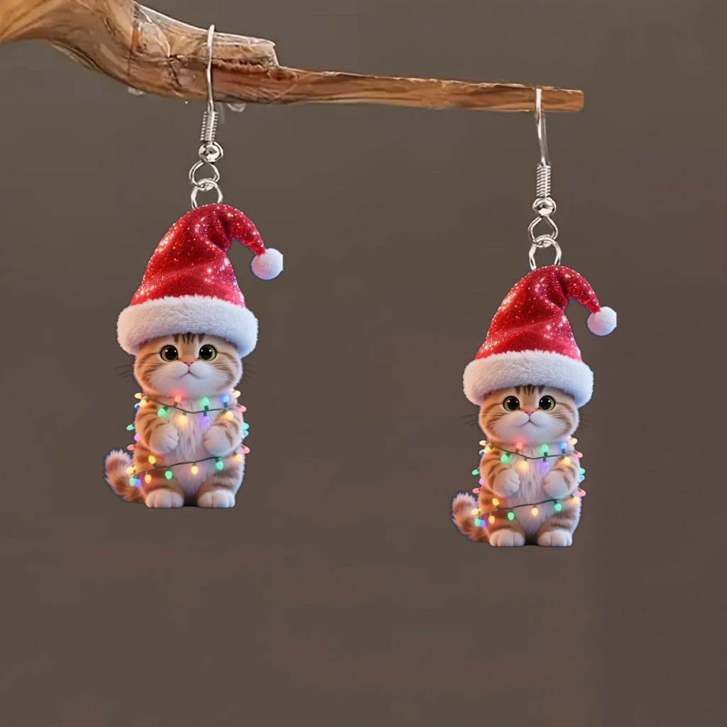 Christmas Light Bulb Cat Christmas Hat Earrings