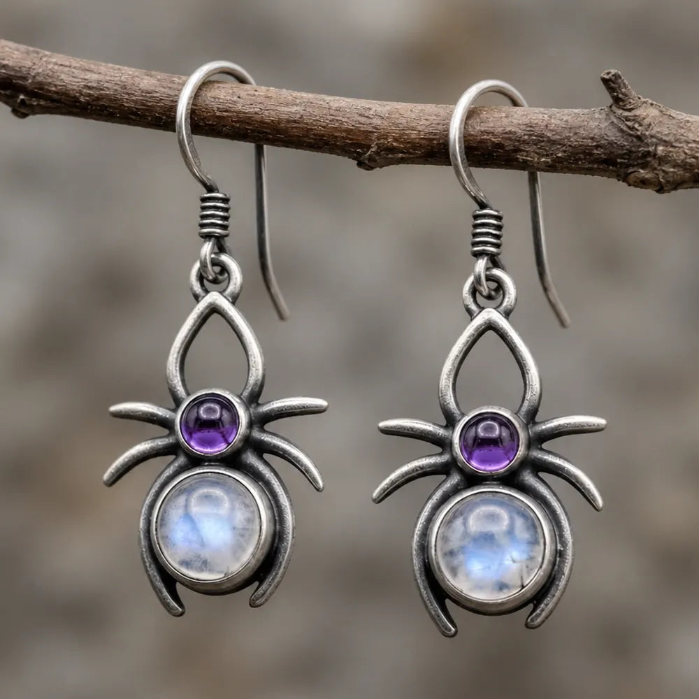 Vintage Spider Moonstone Amethyst Drop Earrings