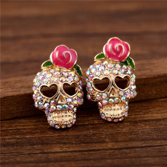 Vintage Rose Rhinestone Sugar Skull Stud Earrings