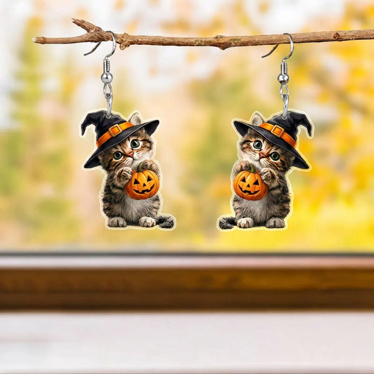 Cute Witch Kitten Holding Pumpkin Halloween Drop Earrings