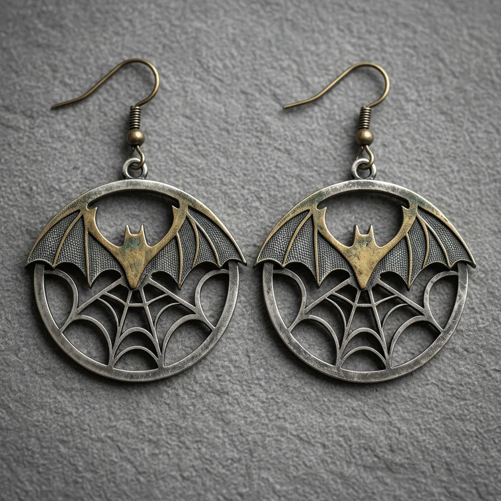 Vintage Bat & Spider Web Two-Tone Halloween Earrings