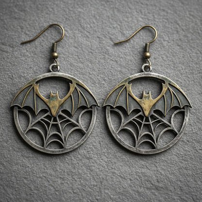 Vintage Bat & Spider Web Two-Tone Halloween Earrings