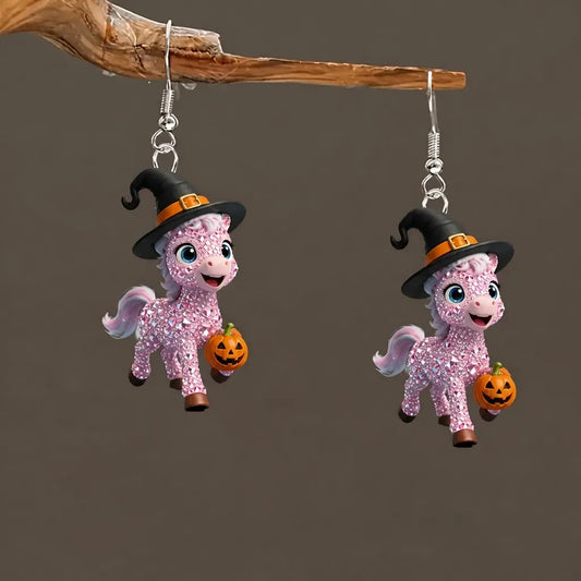 Sparkly Pink Rhinestone Pony Witch Hat Holding Pumpkin Halloween Dangle Earrings