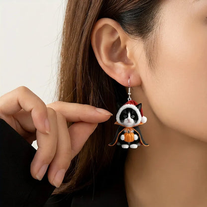 Tuxedo Cat Santa Witch Cape Pumpkin Halloween Acrylic Earrings