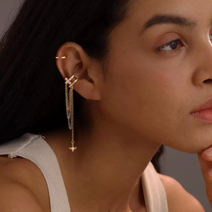 Diamond Cross Cartilage Ear Cuff with Star Tassel Chain Huggie Hoop Earring, Non Pierced Ear Cuff