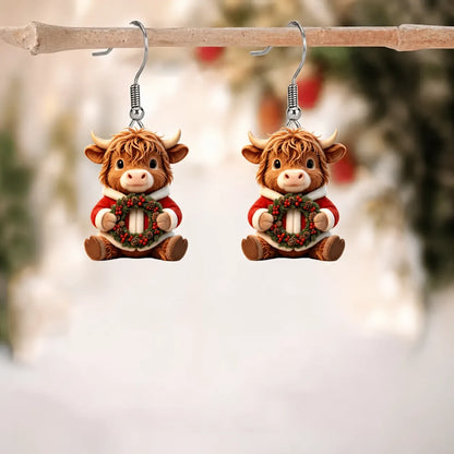 Highland Cow With Christmas Wreath Dangle Earrings