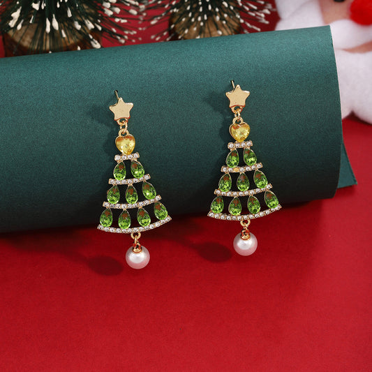 Full Diamond Green Christmas Tree Earrings