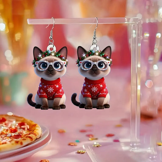 Christmas Siamese Kittens with Glasses & Santa Hat-like Holly Leaf Design Earrings