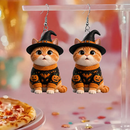 Orange Tabby Cat Witch Hat Pumpkin Bat Sweater Halloween Acrylic Earrings