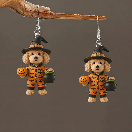 Poodle Dog Bat Pajamas Witch Hat Pumpkin Cauldron Halloween Earrings