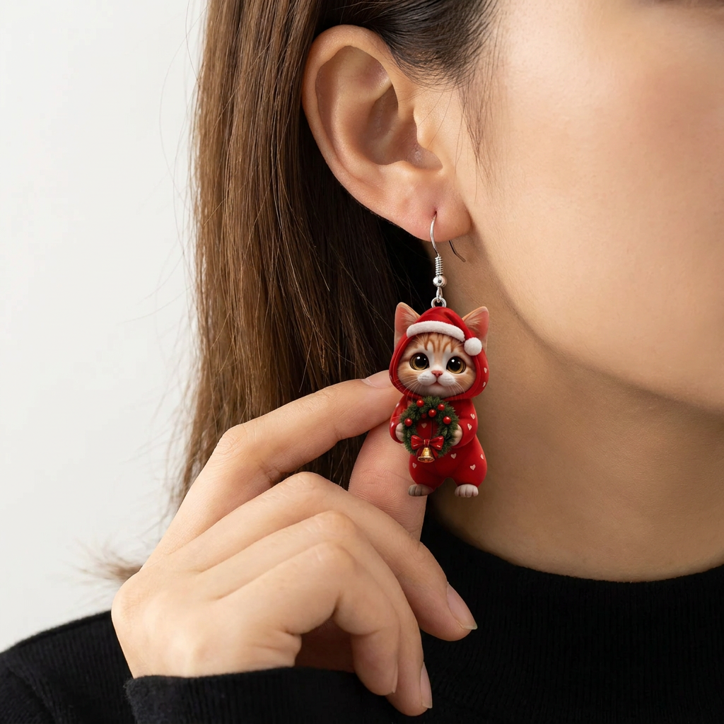 Orange Cat in Santa Outfit Christmas Dangle Earrings